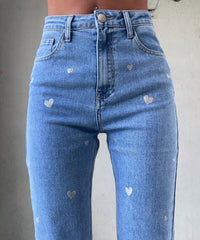 Dame stretchjeans med vide ben og hjerteprint - Amelie