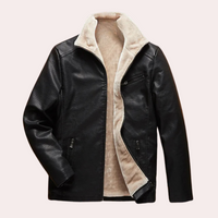 Schwarze Lederjacke mit beigem Futter, Reißverschluss, modisch, warm, Herrenbekleidung.