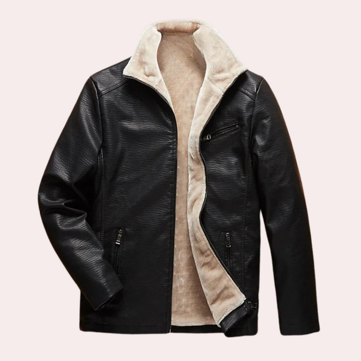 Schwarze Lederjacke mit beigem Futter, Reißverschluss, modisch, warm, Herrenbekleidung.
