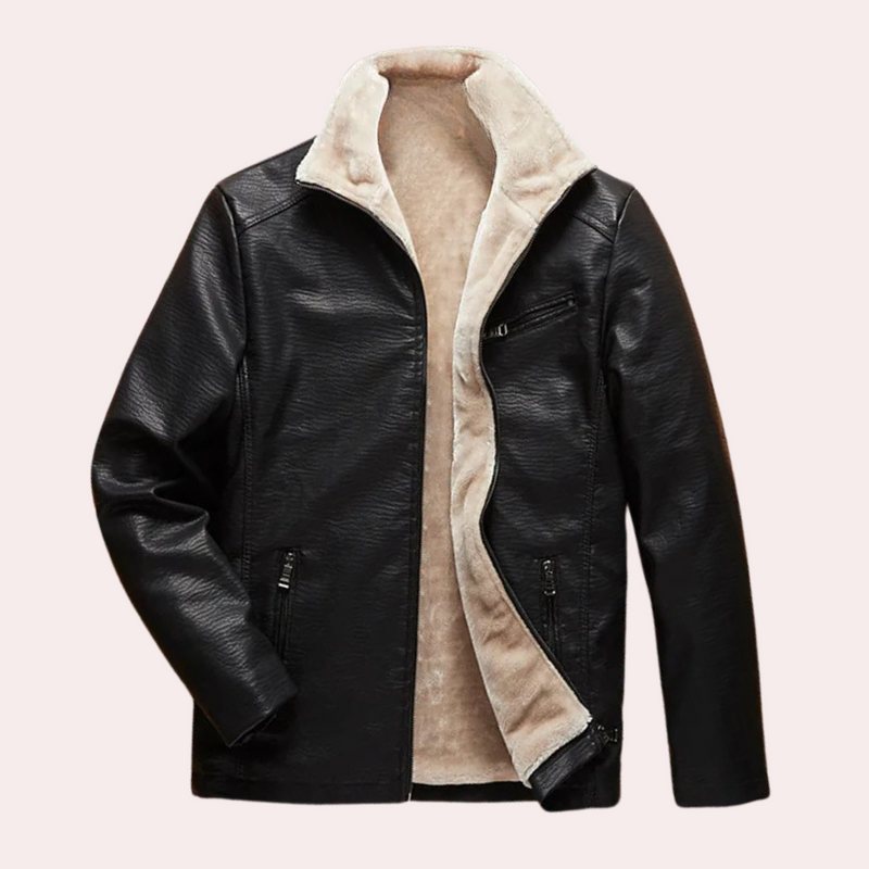 Schwarze Lederjacke mit beigem Futter, Reißverschluss, modisch, warm, Herrenbekleidung.