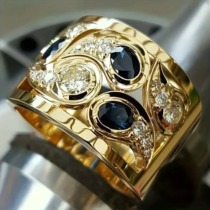Golden ring with blue vintage crystals – Elara