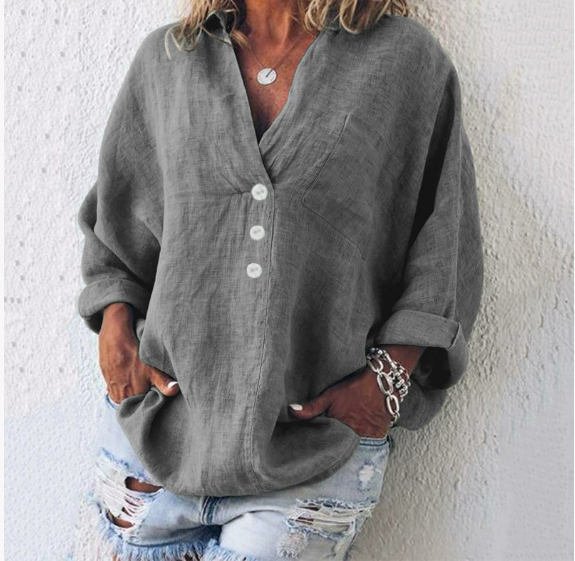 Airy women's linen blouse with button placket and V-neck – Elodie