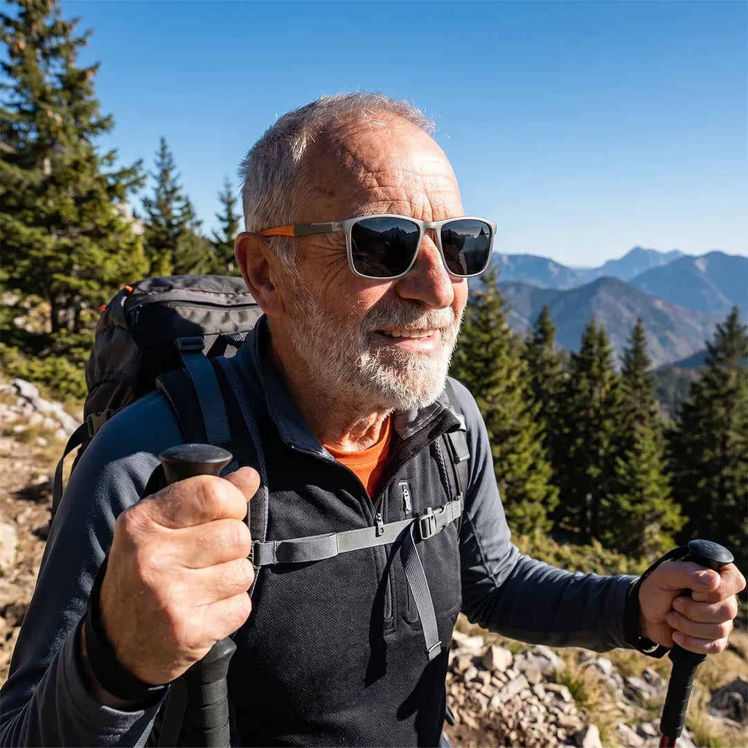 Älterer Wanderer mit Bart trägt die Brille mit dunklen Gläsern, hält Wanderstöcke und steht vor Tannen und Bergpanorama. 5