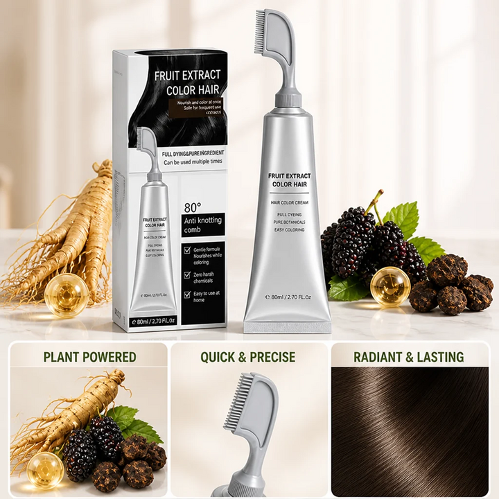 Verpackung und silberne Tube mit Kammaufsatz, umgeben von Ginsengwurzel, Brombeeren und Ölkapseln, darunter drei Detailfelder mit Kamm und glänzendem braunem Ha 3