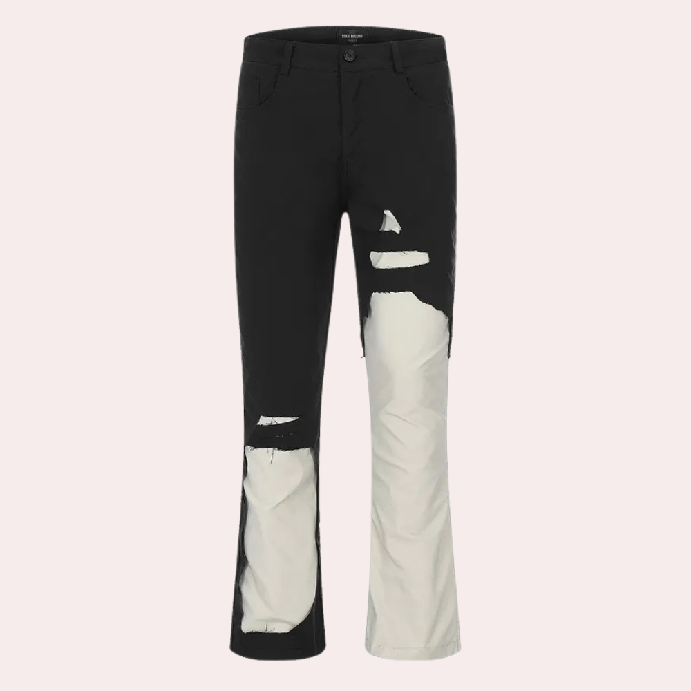 Schwarze Jeans mit weißen Einsätzen, zerrissen, modisch, Unisex, Baumwolle, Streetwear.