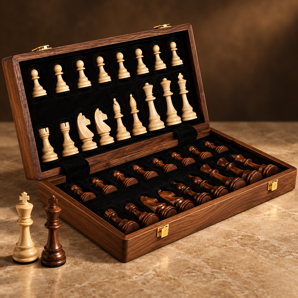 Klassisches Schachbrett aus Holz mit Figuren – GrandRook