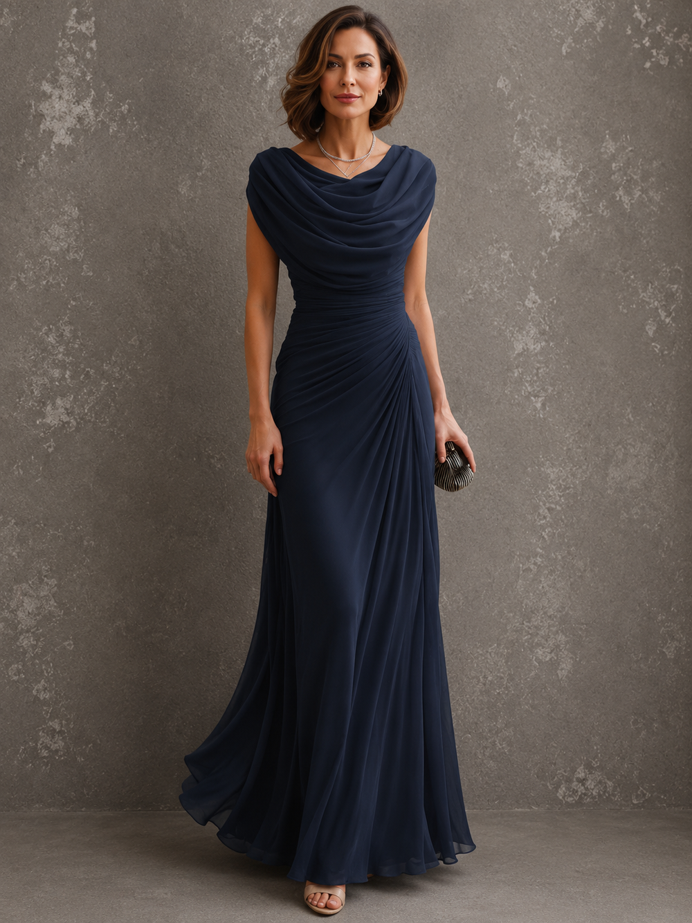 Frontansicht in Marineblau: Model im ärmellosen Kleid mit drapiertem Ausschnitt und seitlich gerafftem Oberteil, den bodenlangen Rock leicht schwingend. 2