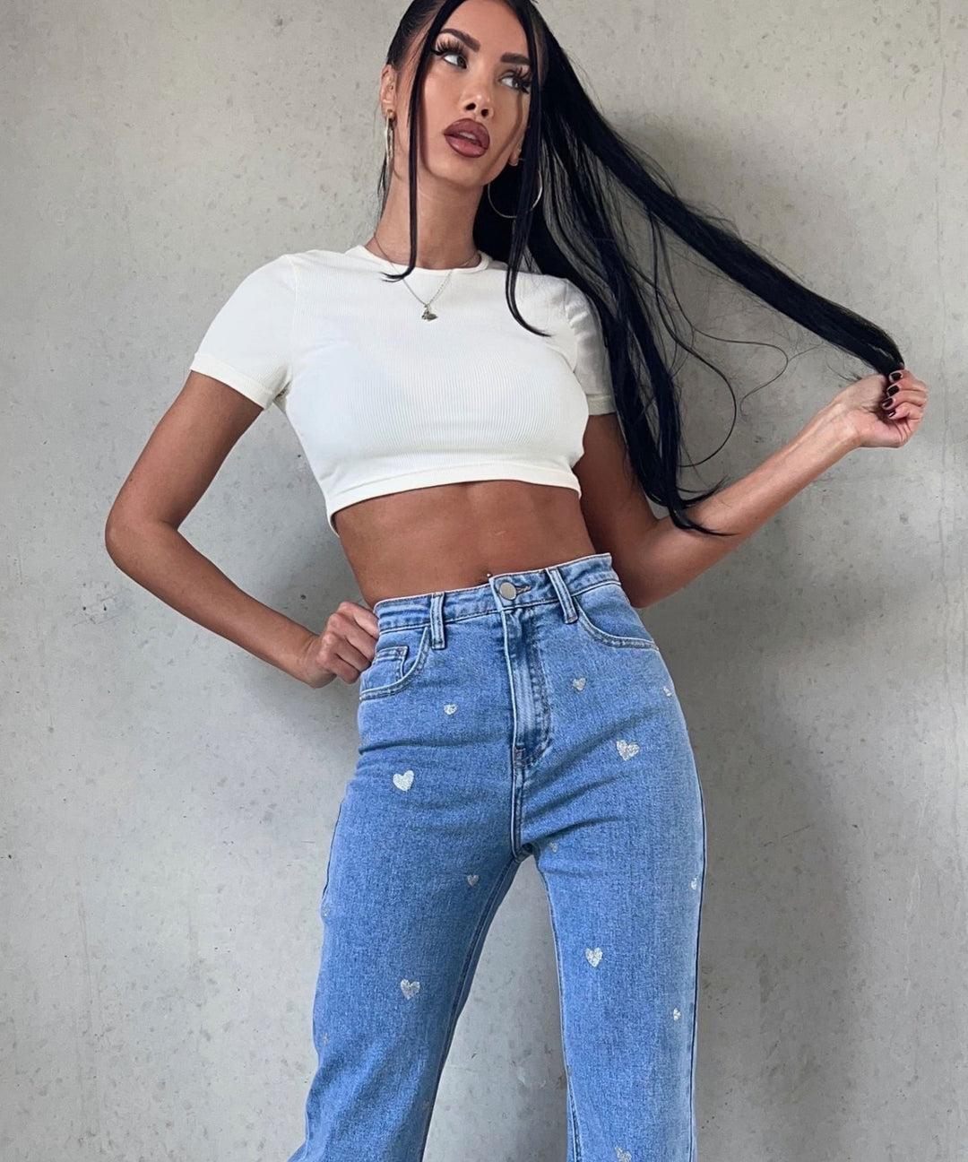 Dame stretchjeans med vide ben og hjerteprint - Amelie