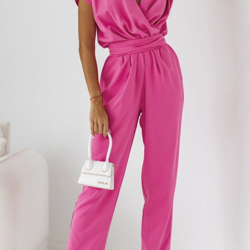 Trendy dame sommer-jumpsuit med kortærmer og taljefremhævning – Alina