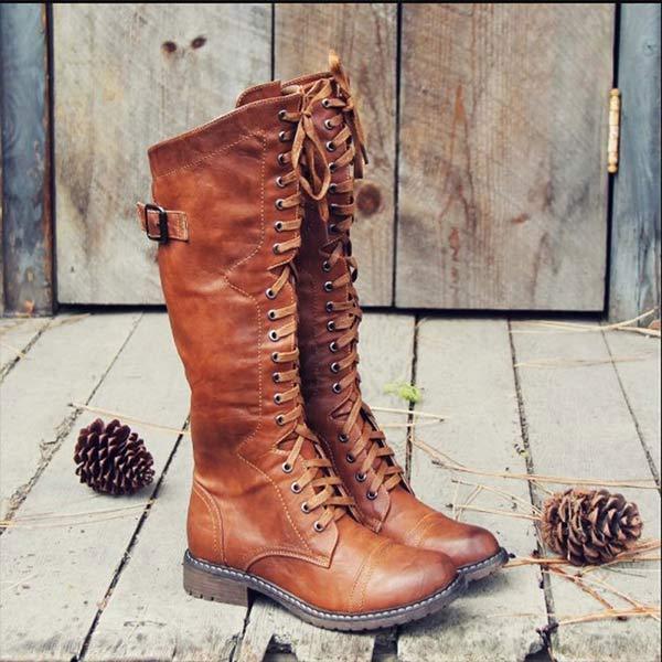 Knee-high leather women's boots with lacing and orthopedic comfort – Soraya