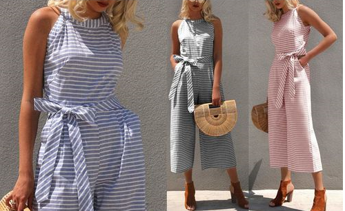 Stripete sommer-jumpsuit for damer med vide ben og V-hals – Alina