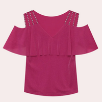Rosa schulterfreies Top mit Nieten, V-Ausschnitt, Rüschen, Damenmode, Sommerkleidung.