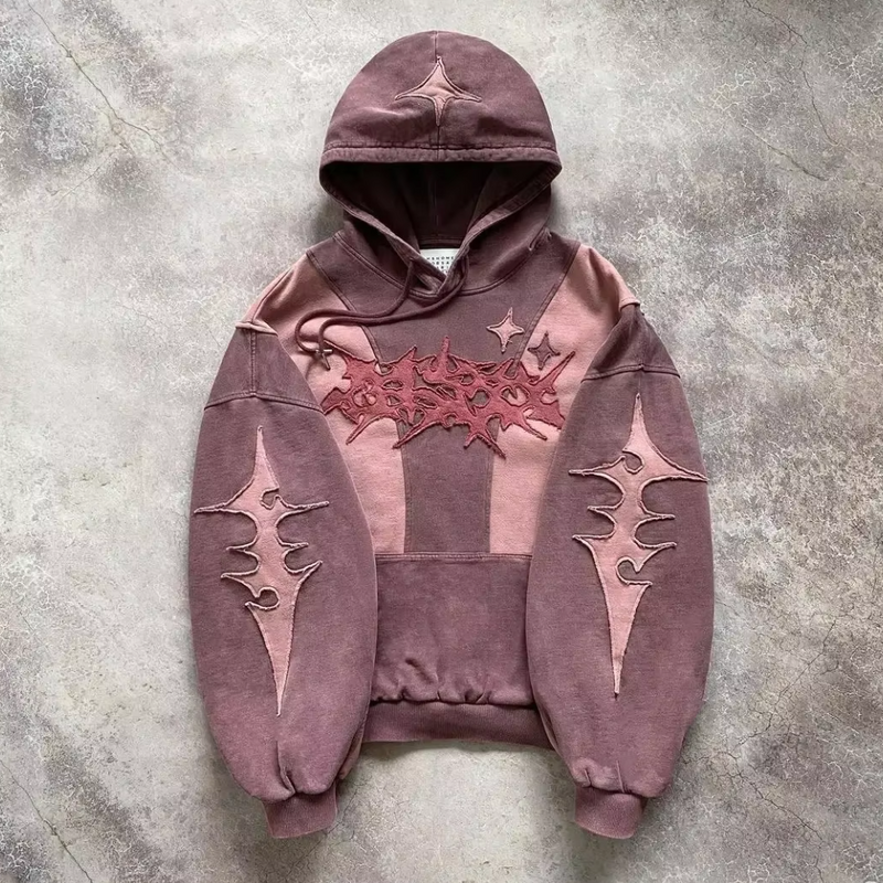 Brauner Hoodie mit abstraktem Muster, Kapuze, Langarm, Baumwolle, Unisex, Streetwear-Mode.