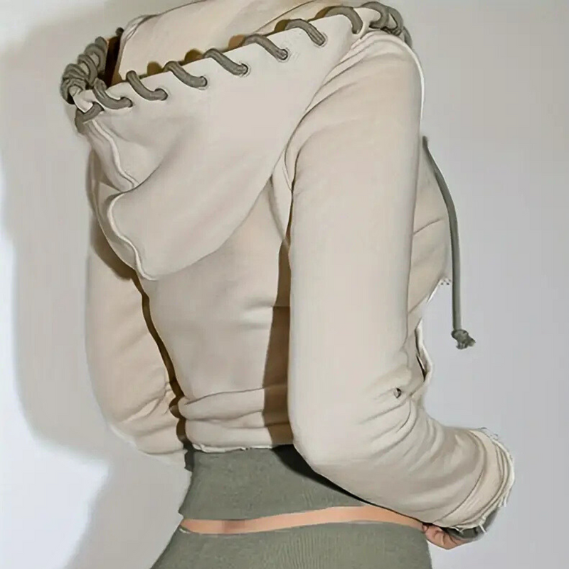 Beige Kapuzenpullover mit Schnürung, Damenmode, Freizeitkleidung, Rückansicht, Baumwolle.