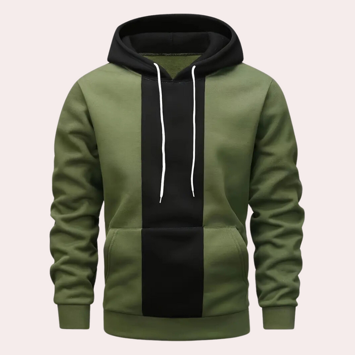 Grüner und schwarzer Hoodie mit Kapuze und Kängurutasche, Unisex, Baumwolle, modisch.