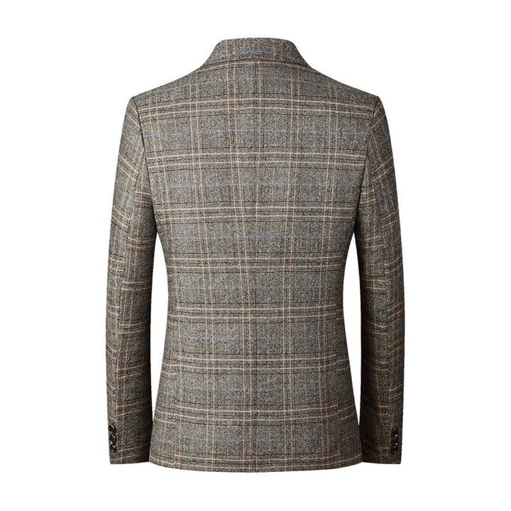 Grauer Herrenblazer mit Karomuster, aus Wolle, Rückansicht, modisch, elegant, Freizeitkleidung.