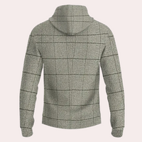 Grauer kariertes Kapuzenpullover aus Wolle, Rückansicht, modisches Herrenbekleidungsstück.