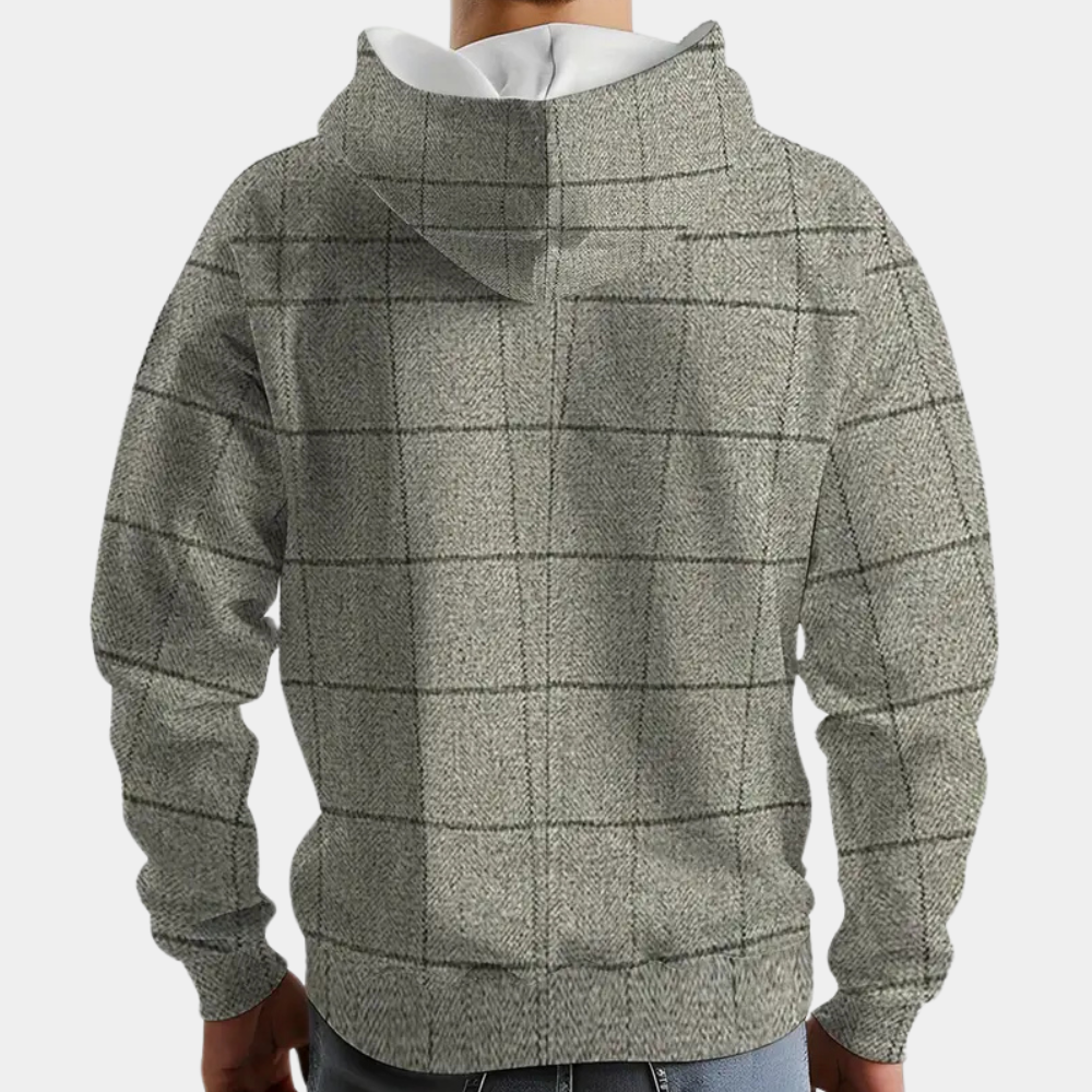 Grauer kariertes Kapuzenpullover Herren, modisch, bequem, Freizeitkleidung, Rückansicht.