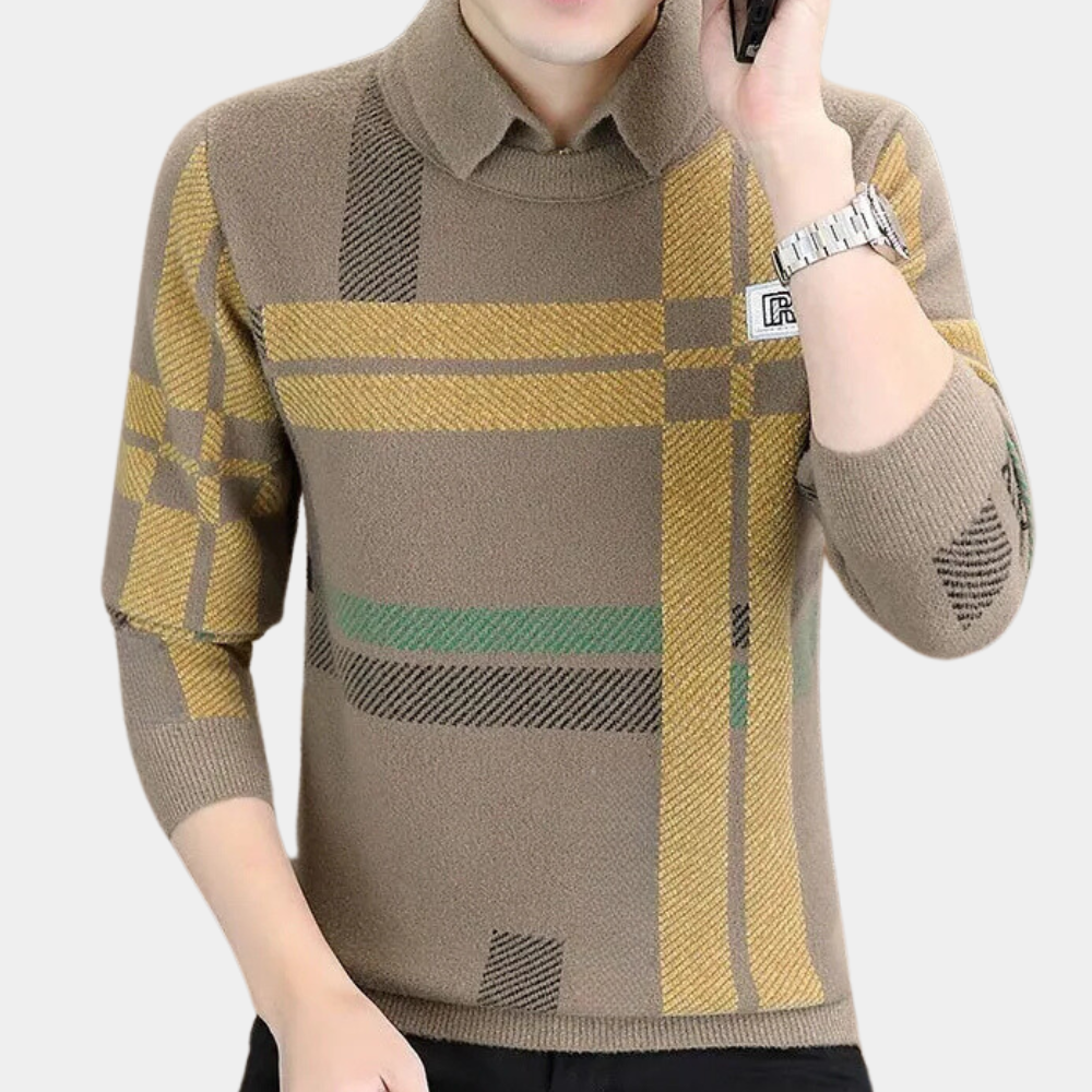 Herrenpullover kariert beige-gelb, Langarm, modisch, weiches Material, Herbstmode.