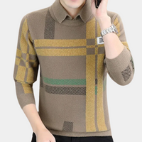 Herrenpullover kariert beige-gelb, Langarm, modisch, weiches Material, Herbstmode.