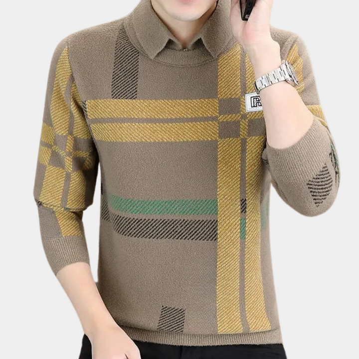 Herrenpullover kariert beige-gelb, Langarm, modisch, weiches Material, Herbstmode.