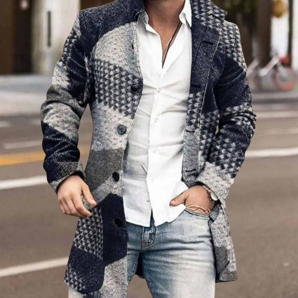 Mann in kariertem Wollmantel, blau-grau, modisch, Herbstmode, Straße, lässiger Stil.