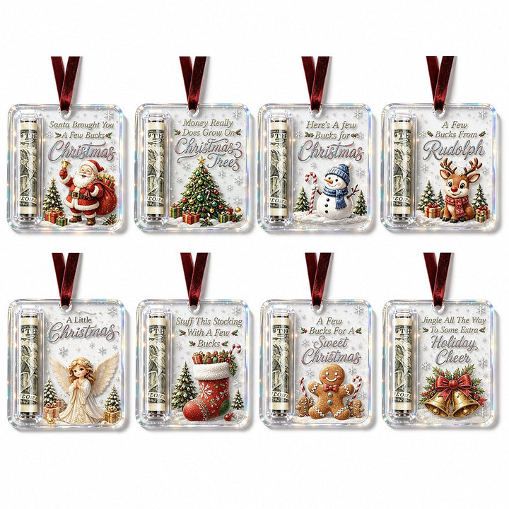 Acht Acryl-Anhänger mit Geldrollen und verschiedenen Motiven: Weihnachtsmann, Tannenbaum, Schneemann, Rentier, Engel, Strumpf, Lebkuchenmann, Glocken. 13