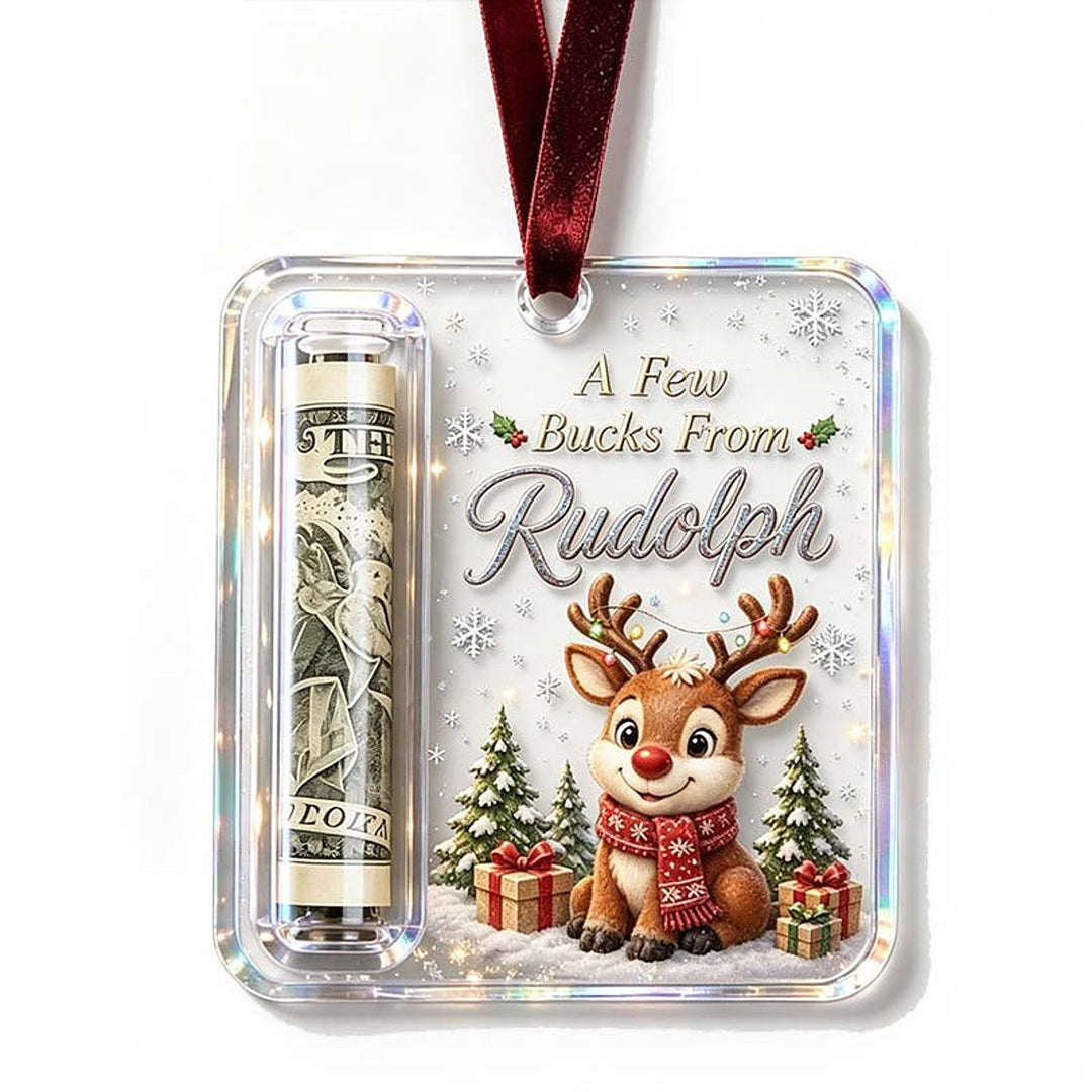 Einzelner Anhänger mit niedlichem Rentier mit roter Nase und Schal zwischen Geschenken, links die Geldrolle. 17