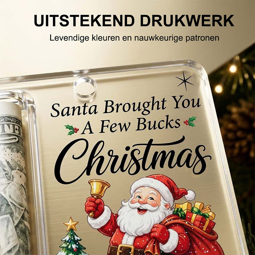 Nahaufnahme der Vorderseite des Acryl-Anhängers mit Weihnachtsmann-Druck, Geldrolle links und der Aufhängeöse oben. 4