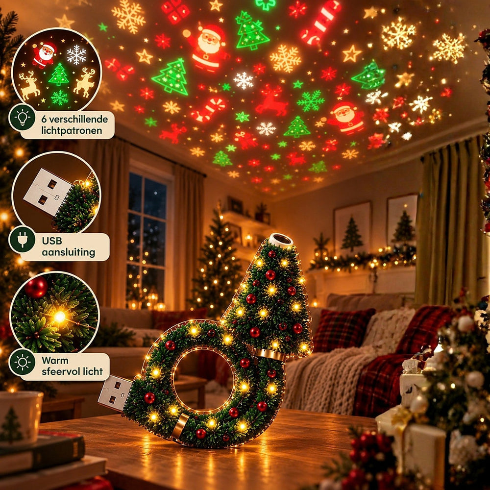 Die leuchtende Lampe auf einem Holztisch im Wohnzimmer, an die Decke werden Weihnachtsmotive projiziert, mit kleinen Detailkreisen am Rand. 2