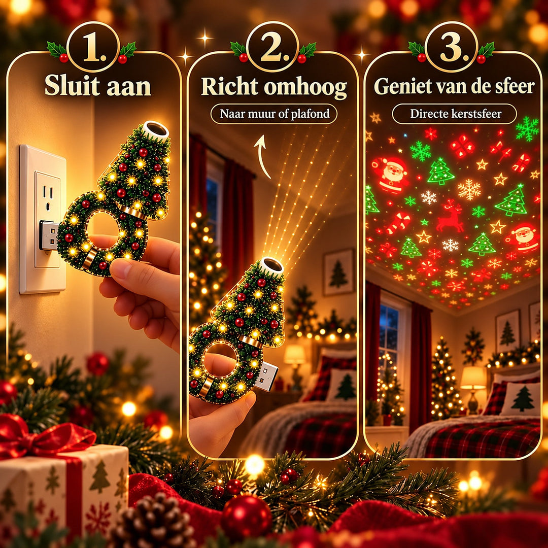 Dreiteilige Anleitung: Lampe in die Steckdose stecken, nach oben ausrichten, Weihnachtsmotive an der Decke genießen. 3