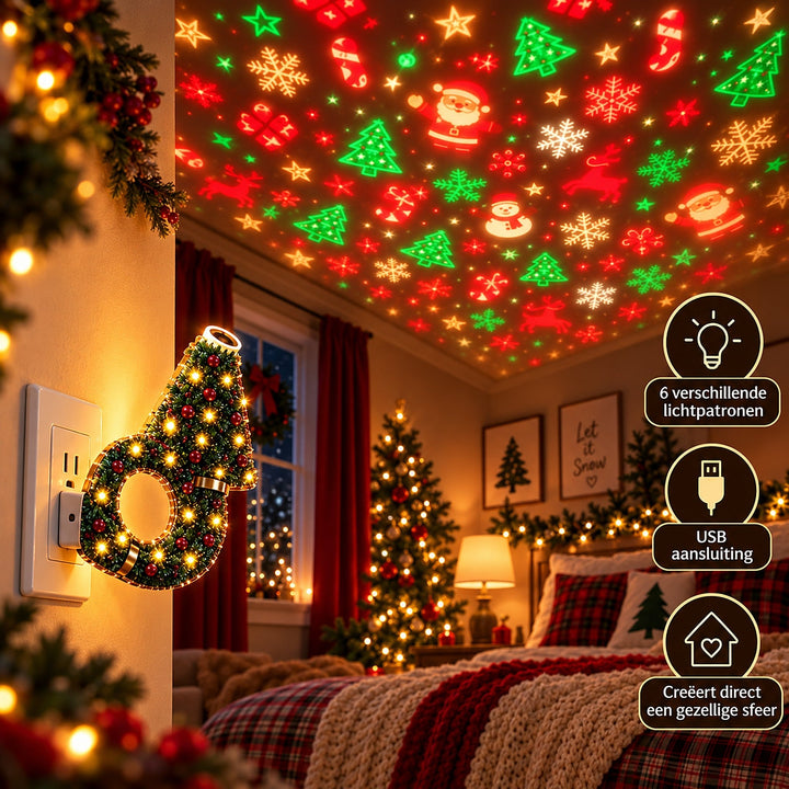 Lampe in der Steckdose an der Wand eines weihnachtlich dekorierten Schlafzimmers, Santa, Bäume und Schneeflocken an der Decke. 4
