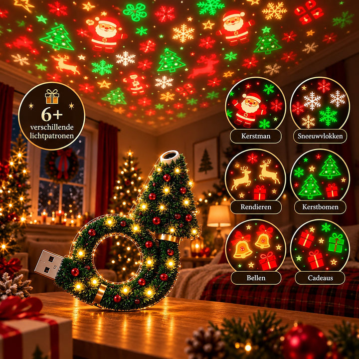 Lampe auf dem Tisch, daneben sechs Kreise mit den Projektionsmotiven Weihnachtsmann, Schneeflocken, Rentiere, Tannenbäume, Glocken und Geschenke. 5