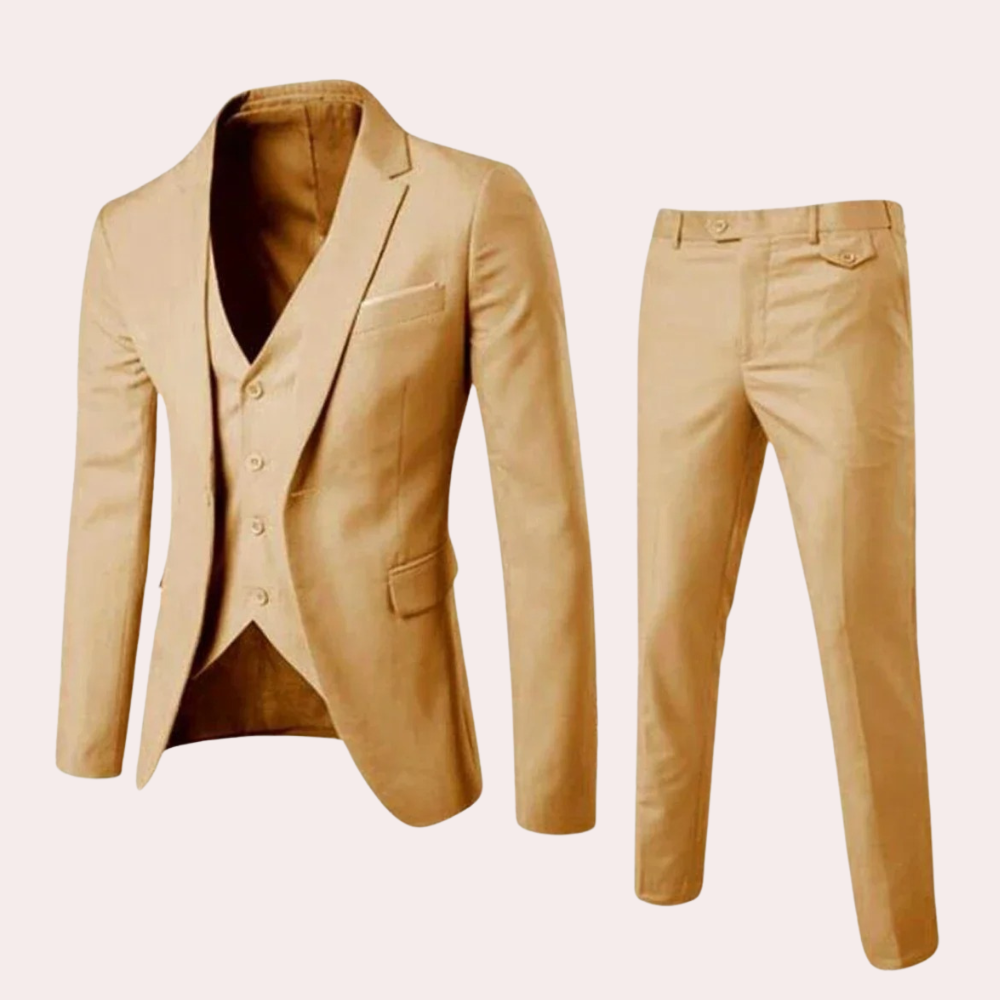 Khakifarbener Herrenanzug aus Baumwolle, dreiteilig, modern, elegant, für Business und Hochzeit.