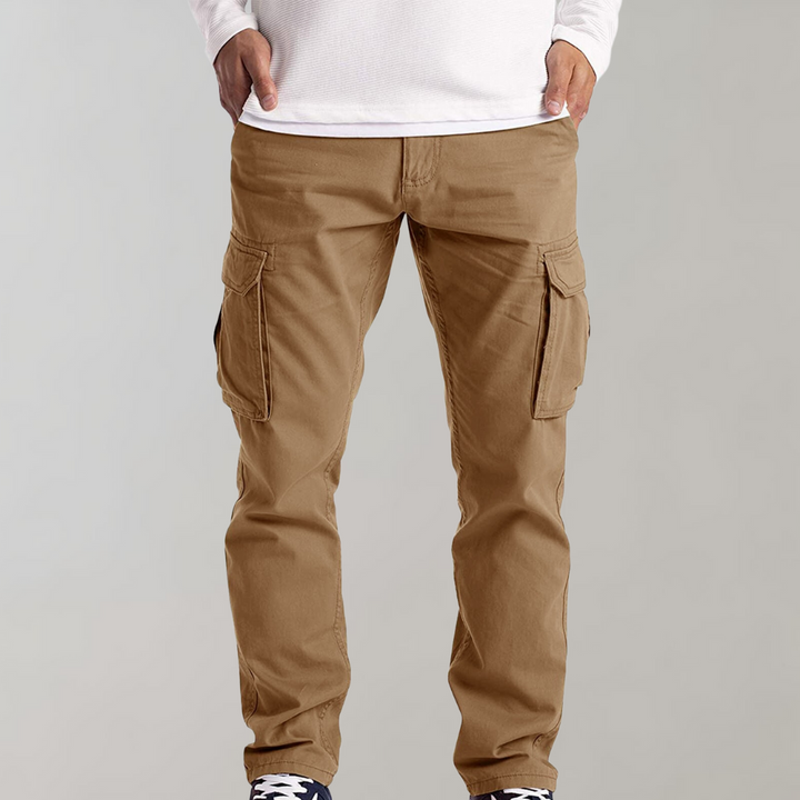 Khaki Cargohose für Herren, Baumwolle, seitliche Taschen, lässiger Stil, Outdoor-Bekleidung.