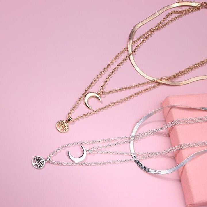 Lebensbaum & Crescent Moon Multi-Layer Necklace – Selestina