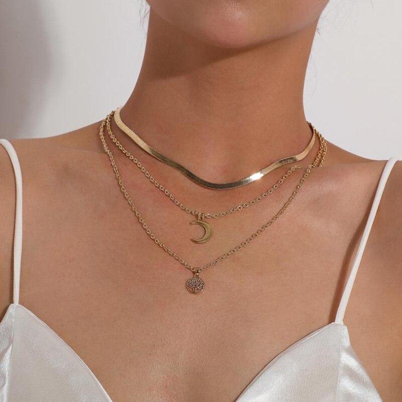 Lebensbaum & Crescent Moon Multi-Layer Necklace – Selestina
