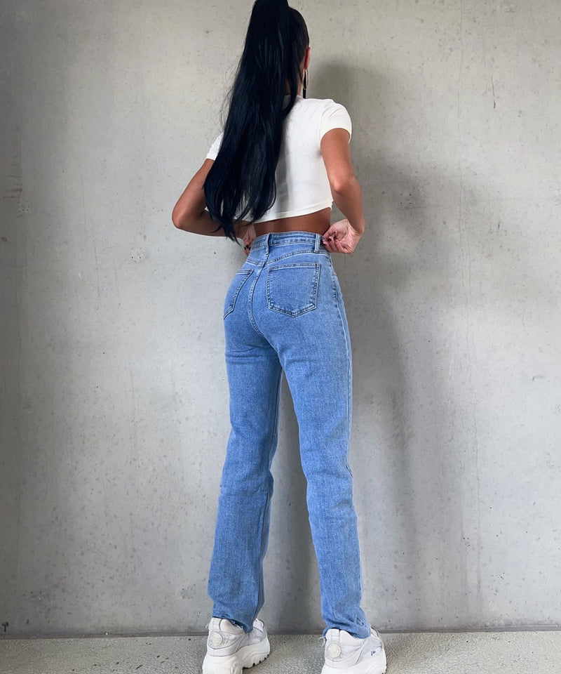 Dame stretchjeans med vide ben og hjerteprint - Amelie