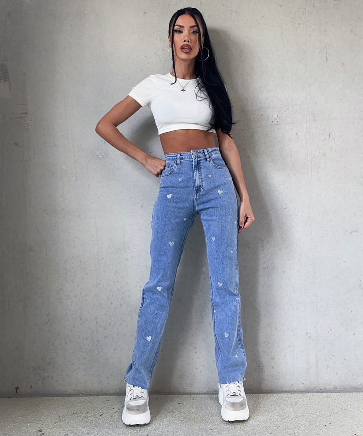 Dame stretchjeans med vide ben og hjerteprint - Amelie