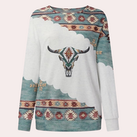 Damenpullover mit Stierkopf-Print, Ethno-Muster, Langarm, Baumwolle, bunt.