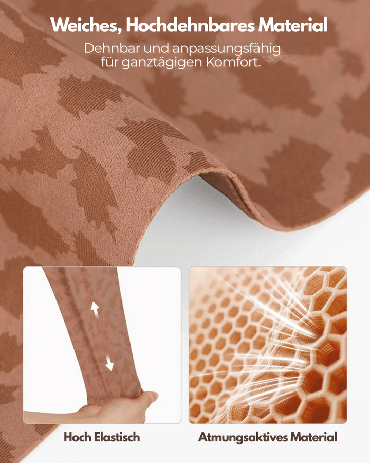Stoffdetail in Braun mit Leopardenmuster, daneben ein gedehntes Materialstück und eine wabenartige Struktur als Hinweis auf Elastizität und Atmungsaktivität. 2