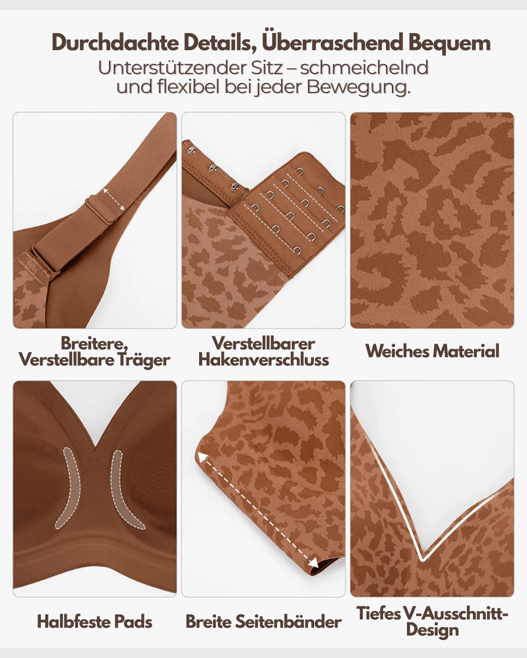 Sechs Detailaufnahmen des BH: breite verstellbare Träger, Hakenverschluss, weicher Stoff, halbfeste Pads, breite Seitenbänder und tiefer V-Ausschnitt. 4