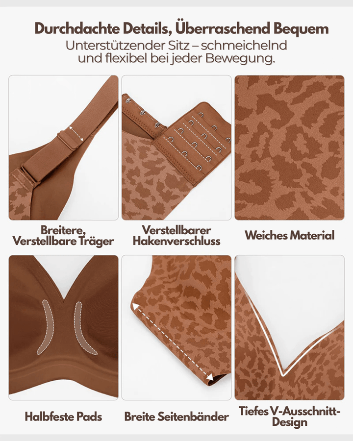 Sechs Detailaufnahmen des BH: breite verstellbare Träger, Hakenverschluss, weicher Stoff, halbfeste Pads, breite Seitenbänder und tiefer V-Ausschnitt. 4