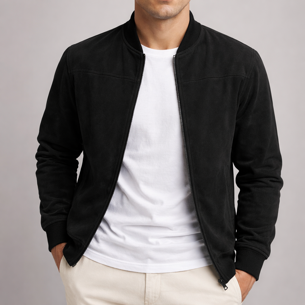 Mann trägt die schwarze Jacke mit Wildleder-Optik offen über weißem T-Shirt, Hände in den Hosentaschen. 5