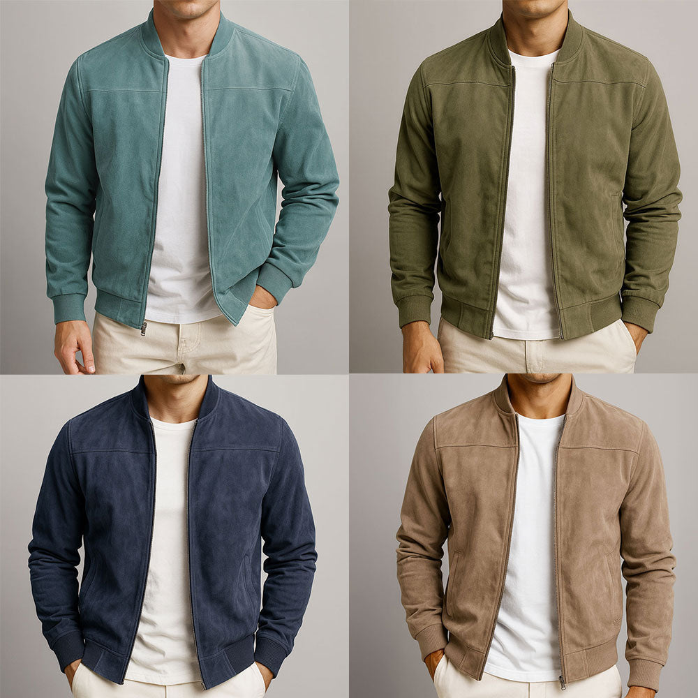 Collage mit vier Models in der Jacke in Petrolgrün, Olivgrün, Marineblau und Beigebraun zum Farbvergleich. 8