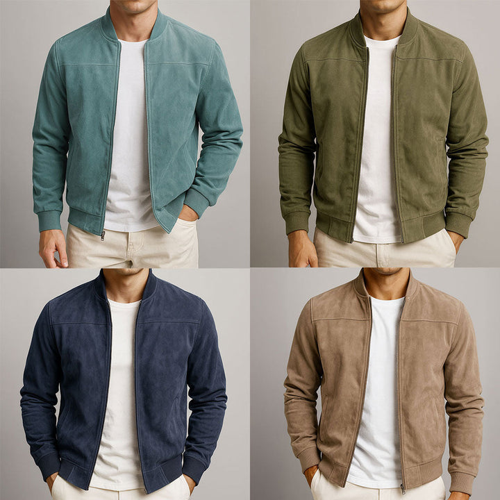 Collage mit vier Models in der Jacke in Petrolgrün, Olivgrün, Marineblau und Beigebraun zum Farbvergleich. 8