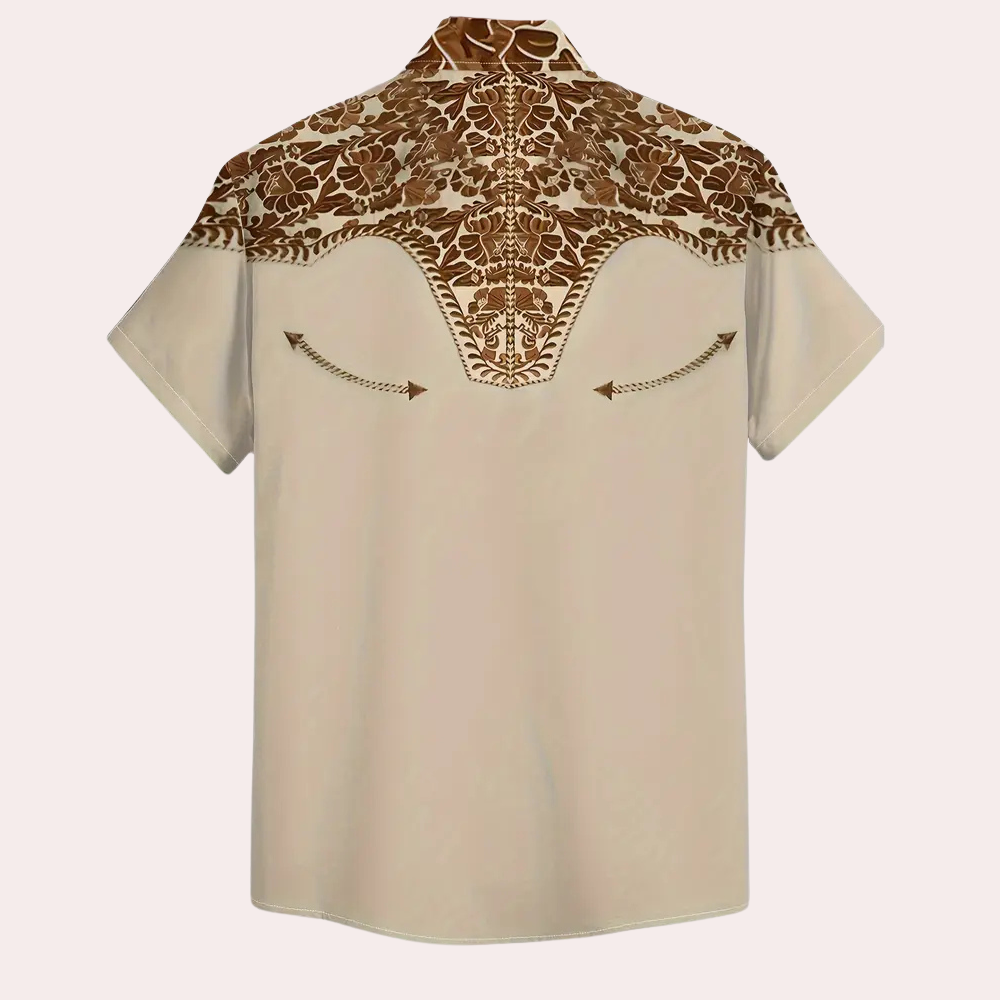 Beige Westernhemd mit braunem Blumenmuster, Kurzarm, Vintage-Stil, Herrenmode.