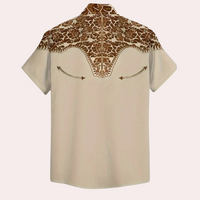 Beige Westernhemd mit braunem Blumenmuster, Kurzarm, Vintage-Stil, Herrenmode.