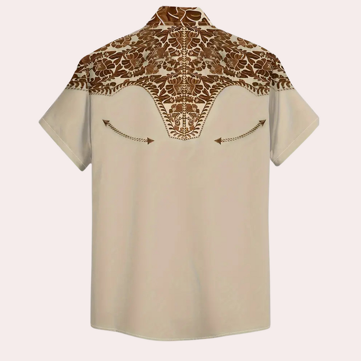 Beige Westernhemd mit braunem Blumenmuster, Kurzarm, Vintage-Stil, Herrenmode.