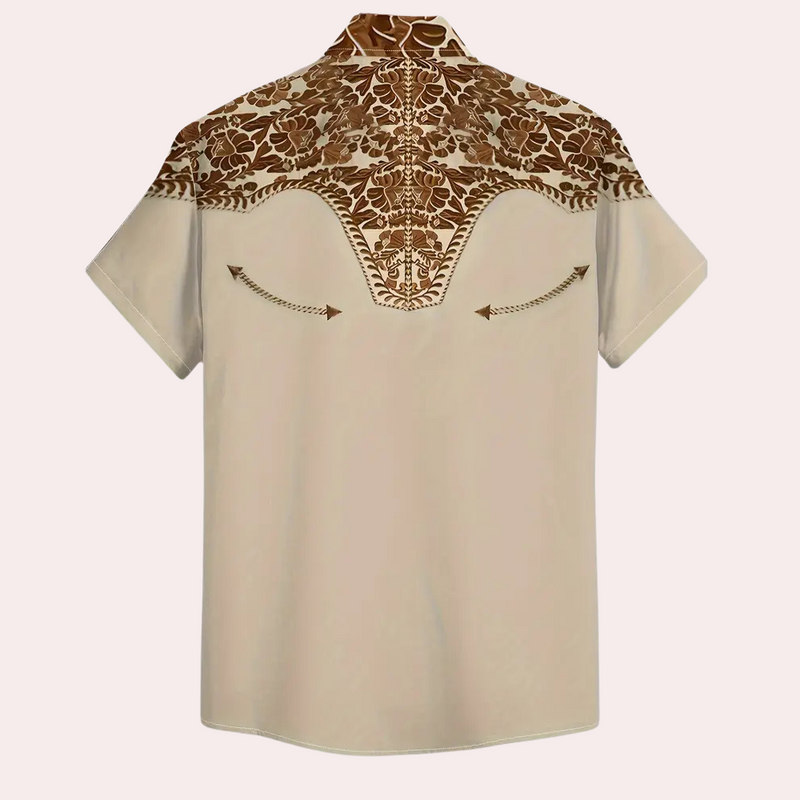 Beige Westernhemd mit braunem Blumenmuster, Kurzarm, Vintage-Stil, Herrenmode.